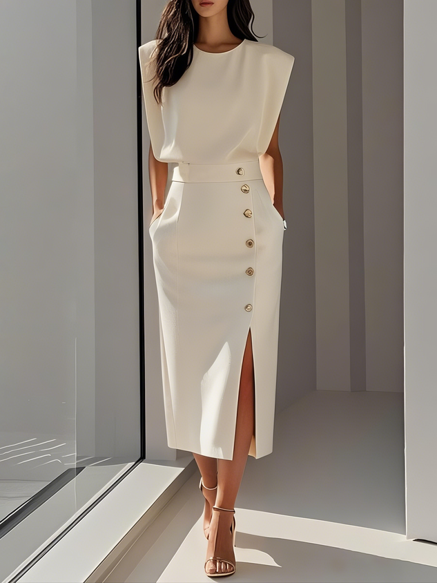 Vestido feminino midi Aina elegante com decote redondo, fenda, perfeito p/ verão e uso diário.