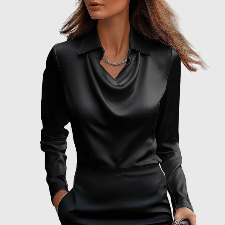 Blusa elegante feminina de decote cascata, roupa versátil para look dia a dia ou eventos sociais.