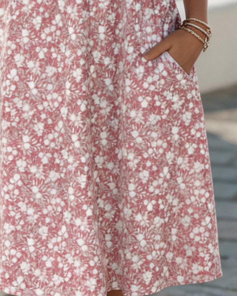 Vestido floral midi feminino solto em rosa, perfeito para moda casual de verão e primavera. Conforto e estilo definem.