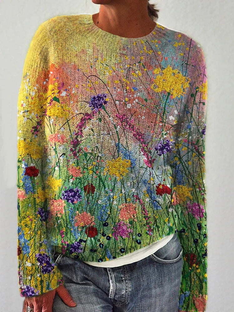 Camisola feminina aconchegante com estampa floral estilo pintura a óleo. Ideal para moda outono inverno casual e confortável.
