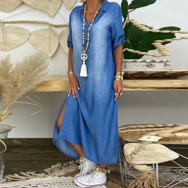 Moda feminina: Vestido longo casual com fenda lateral, tendência para o dia a dia. Conforto e estilo versátil.