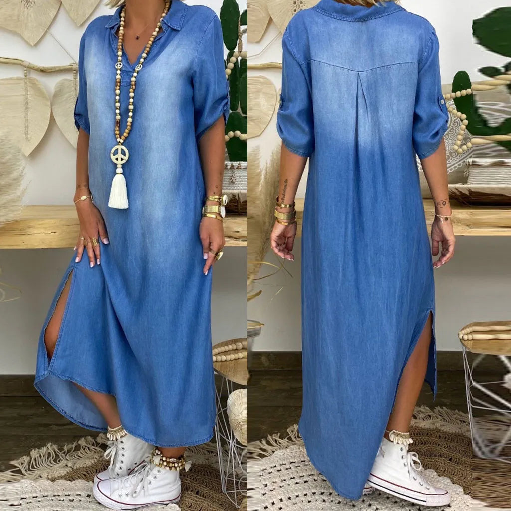 Estilo descontraído: Vestido longo casual feminino com fenda lateral, perfeito para o dia a dia. Conforto e elegância.