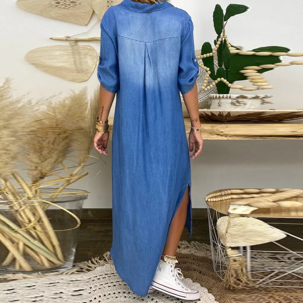 Vestido longo feminino casual, ideal para primavera e verão. Confortável, com fenda lateral para leveza.