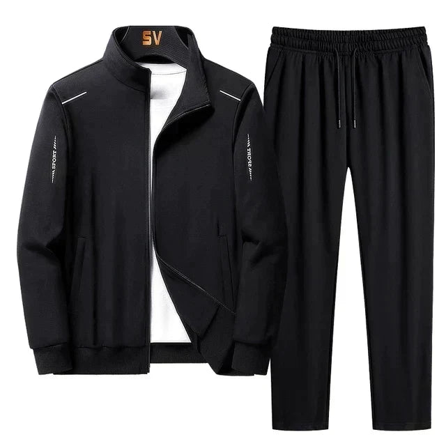 Conjunto esportivo masculino transpirável de duas peças para treino e academia. Roupa confortável para homem.