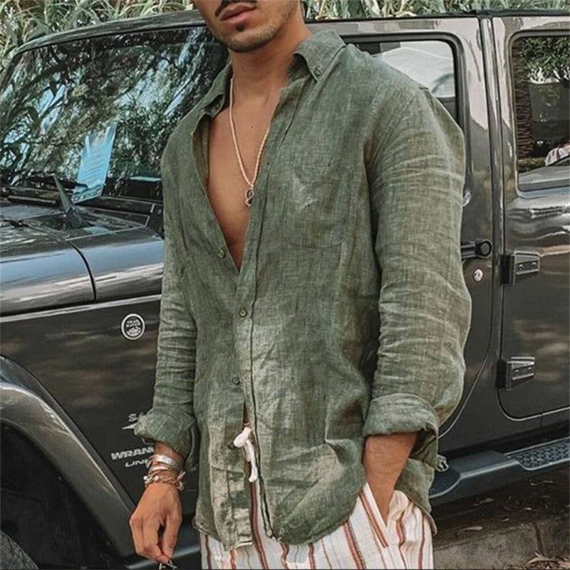 Camisa masculina casual verde com botões, ideal para o verão e moda masculina estilosa.