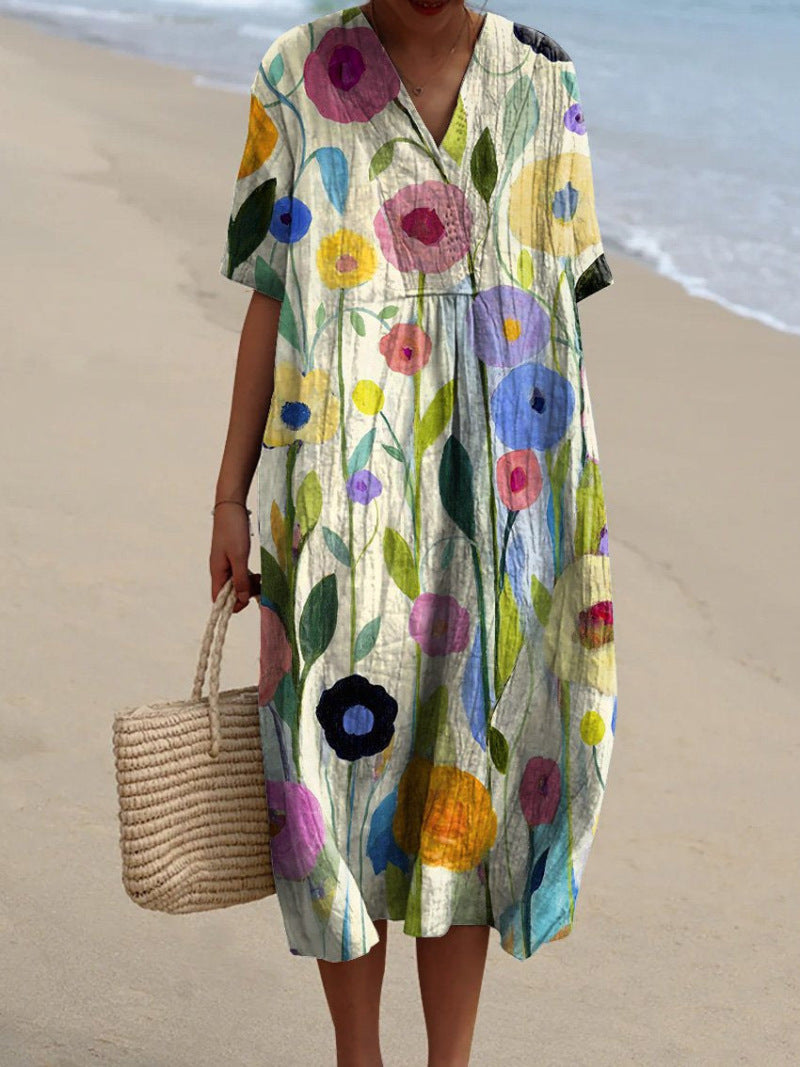 Vestido feminino estampado floral elegante, perfeito para a moda verão e conforto diário.