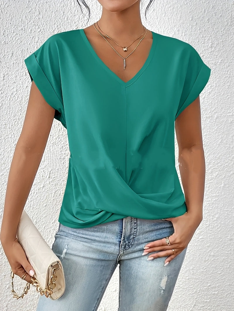 Blusa feminina decote V de manga curta, confortável e estilosa, ideal para moda casual de verão.