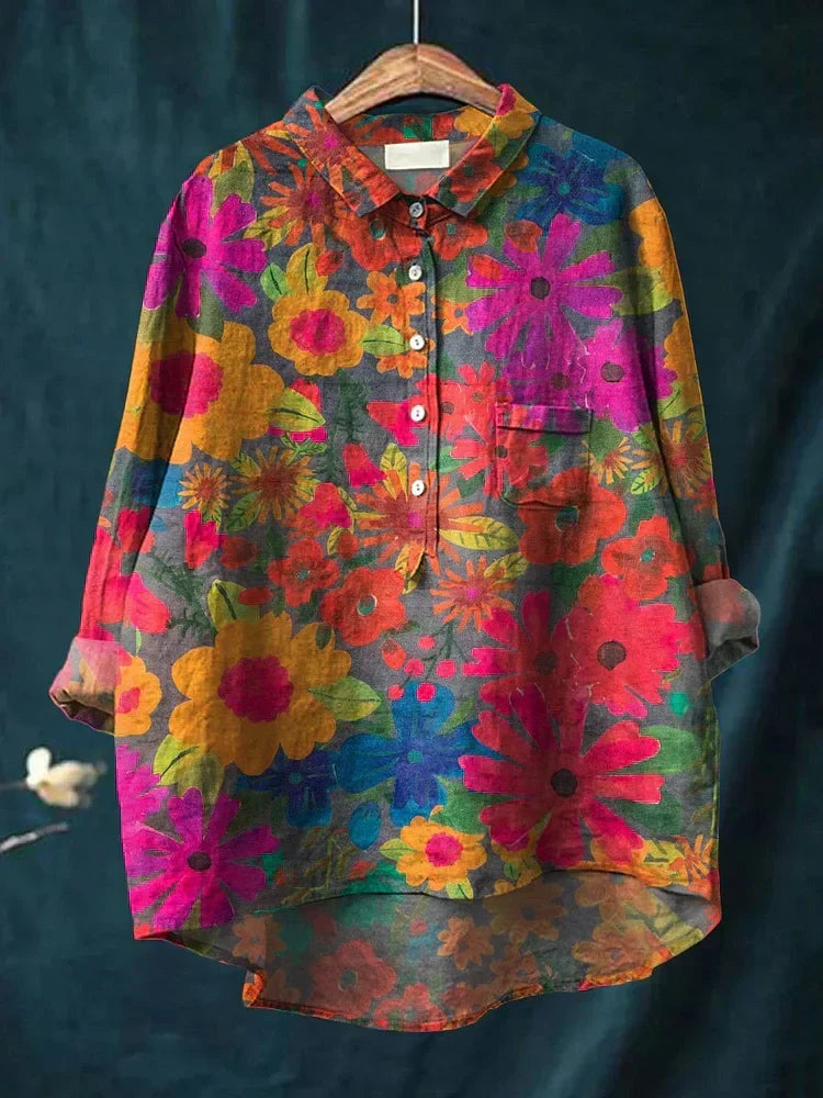 Blusa feminina clássica floral, peça de roupa estampada para moda verão e primavera. Estilo casual e elegante.