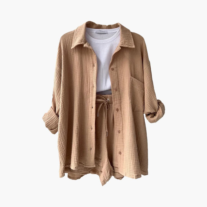 Look feminino de verão: conjunto Aurélie elegante e descontraído, duas peças versáteis.