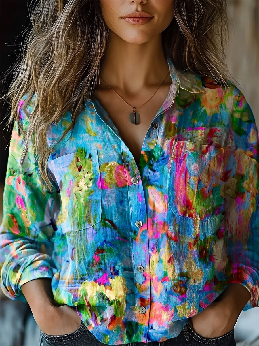 Blusa feminina casual colorida com manga longa. Uma peça elegante e confortável para a moda primavera verão.