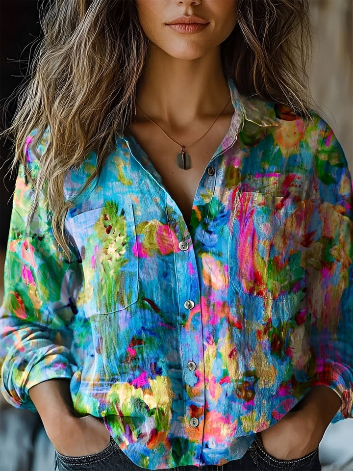 Blusa feminina casual colorida com manga longa. Uma peça elegante e confortável para a moda primavera verão.