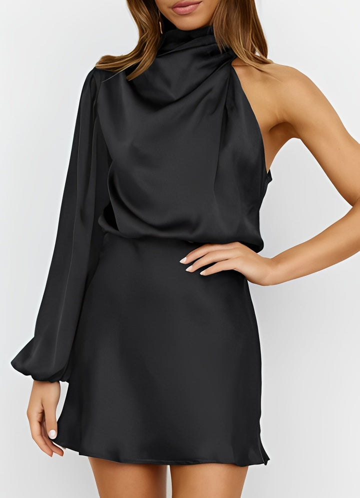 Vestido formal feminino, estilo um ombro com manga longa, ideal para festas e eventos.