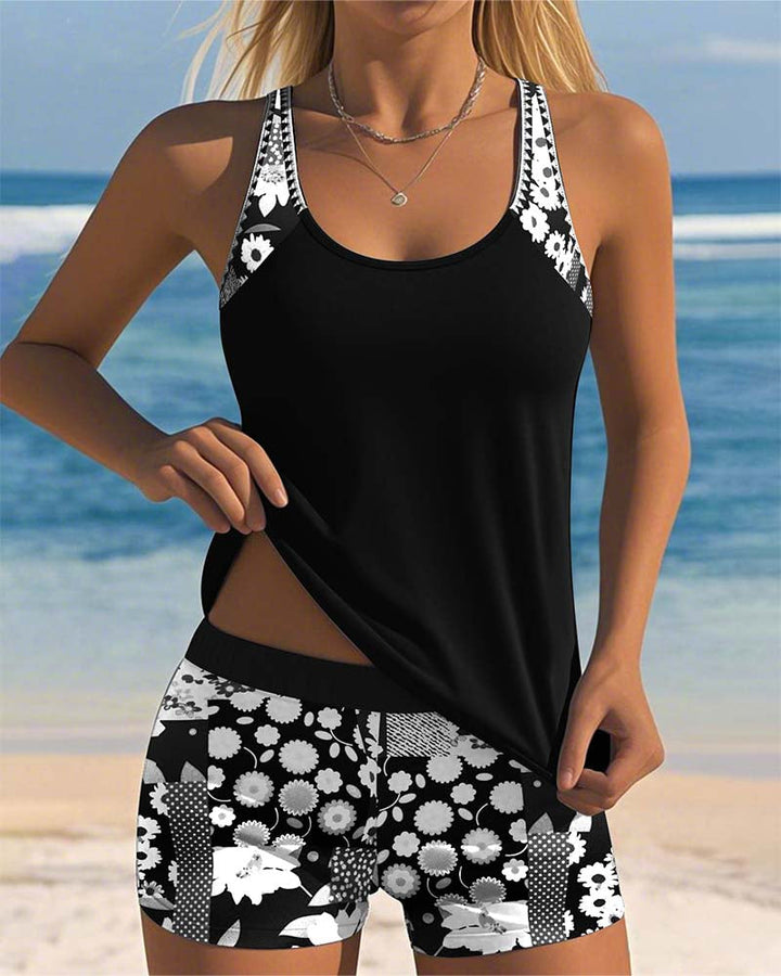 Roupa de banho feminina tankini estampado, ideal para praia, piscina e verão.