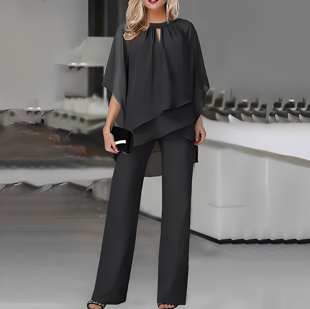 Conjunto feminino duas peças: blusa elegante e calça larga formal. Conforto e estilo para o trabalho, primavera verão.