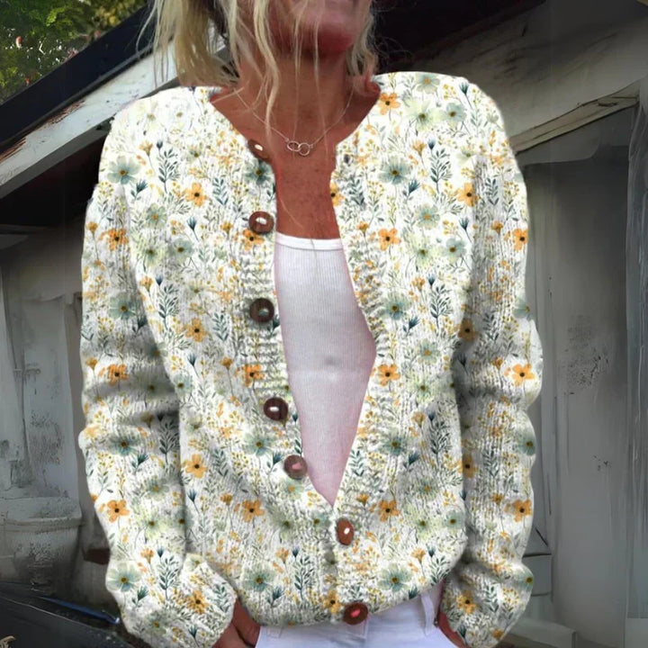 Cardigan feminino elegante com estampa floral, perfeito para um estilo versátil em outono/inverno.