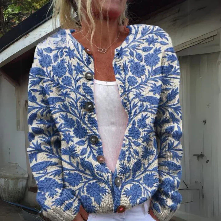 Cardigan feminino floral versátil para outono/inverno. Roupa feminina elegante e confortável.