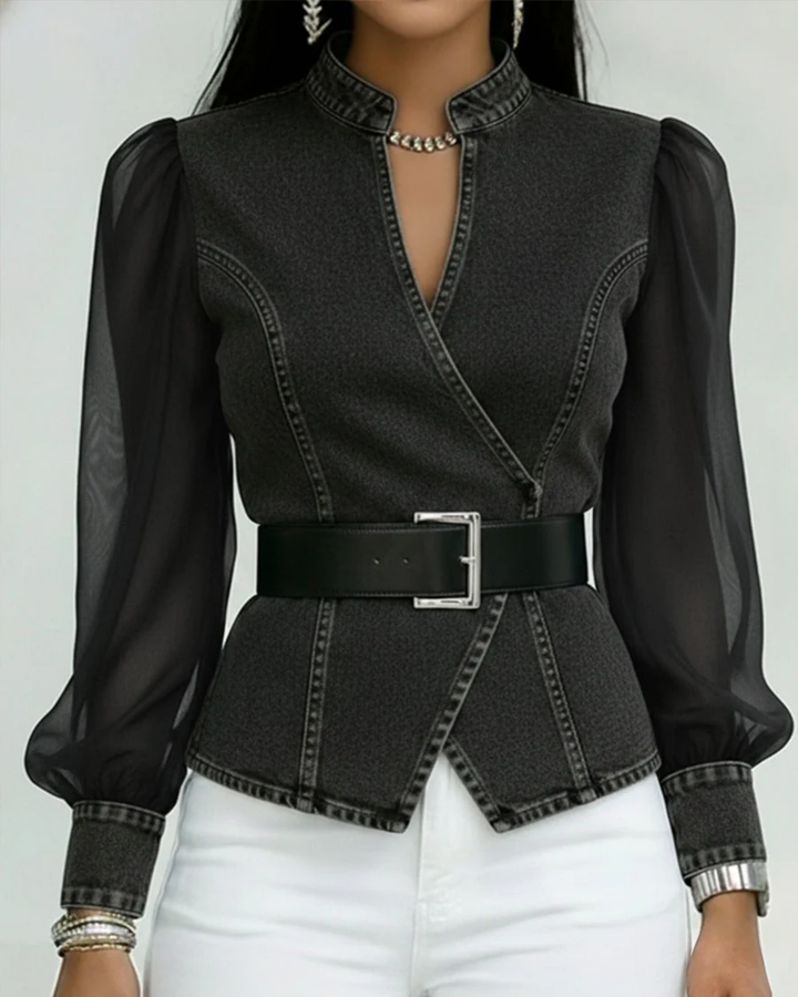 Top feminino de moda com design elegante, mangas leves e ajuste na cintura. Blusa versátil e confortável.
