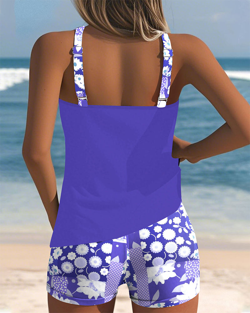 Tankini feminino para piscina, conjunto 2 peças estampado, ideal para o verão.