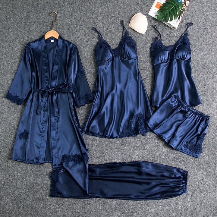 Pijama feminino 5 peças vermelho, lounge wear elegante. Roupa de dormir confortável e sofisticada.