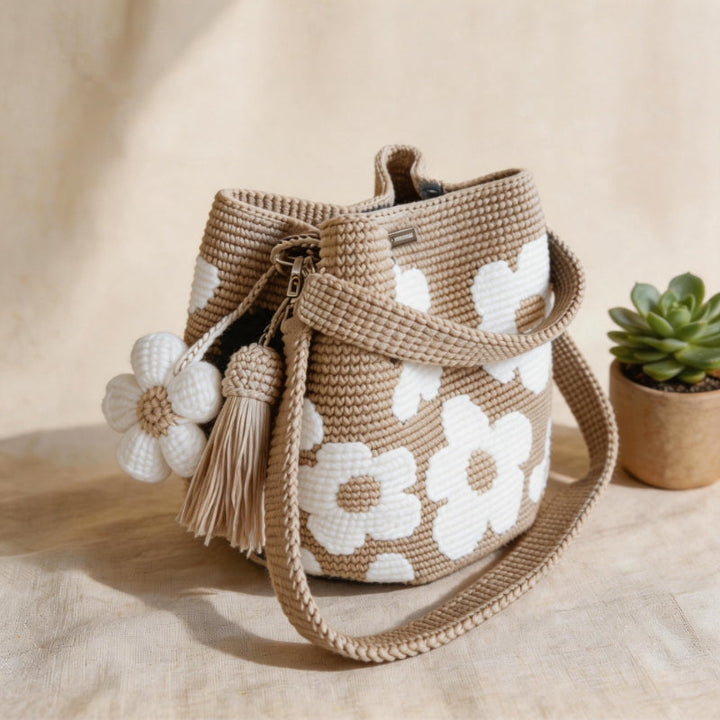 Saco tote artesanal de croché com design floral. Elegante bolsa feminina de algodão, feita à mão, para estilo único.