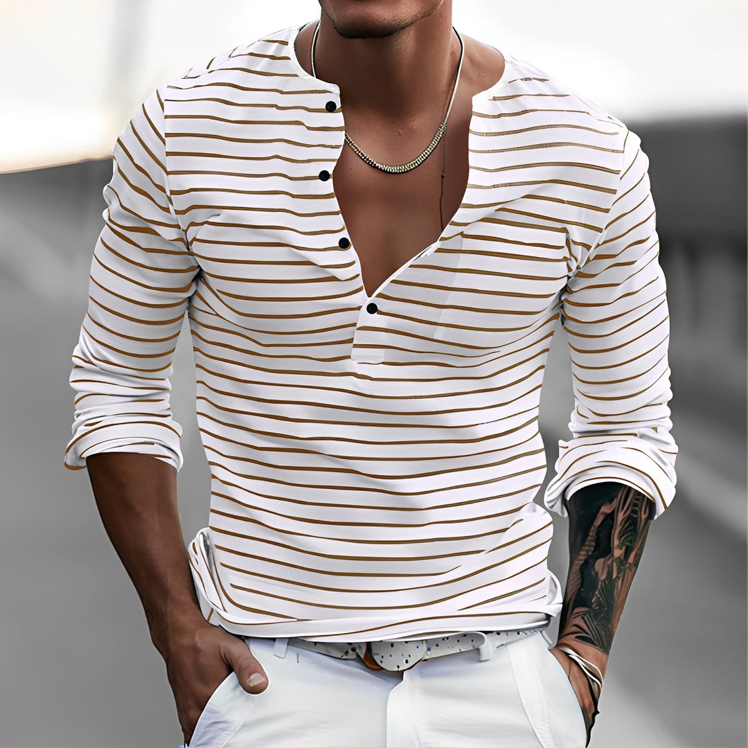 Camisa masculina manga longa listrada, perfeita para looks casuais e elegantes. Peça versátil e confortável da moda.