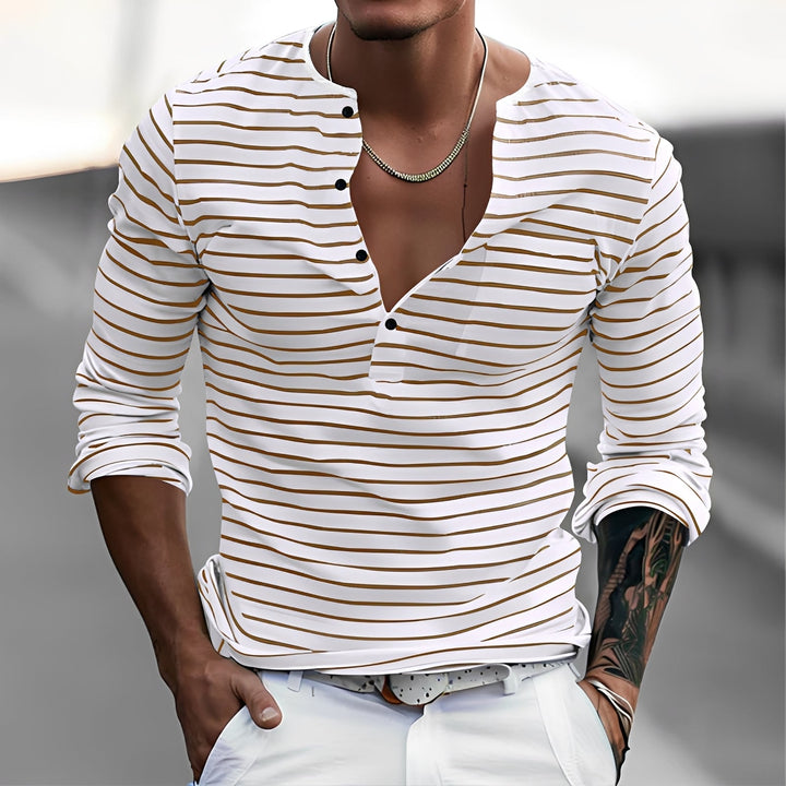 Camisa masculina manga longa listrada, perfeita para looks casuais e elegantes. Peça versátil e confortável da moda.