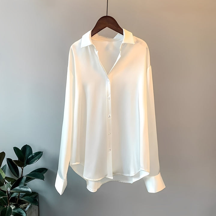 Camisa formal de manga longa feminina, blusa social elegante em cores sólidas, para escritório e eventos profissionais.