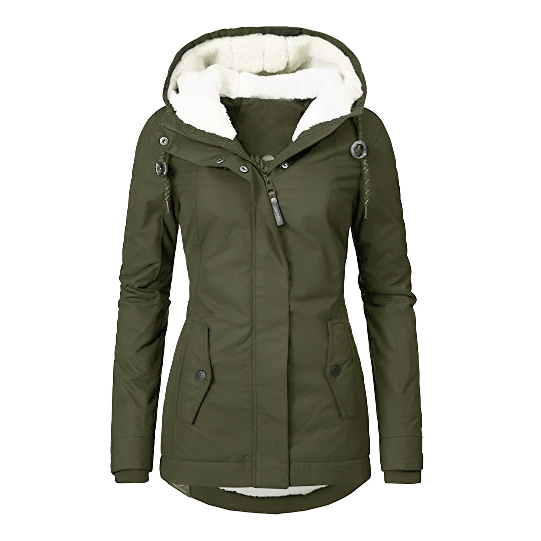 Jaqueta feminina de inverno super quente e impermeável, com capuz ajustável, oferece conforto e estilo no frio.