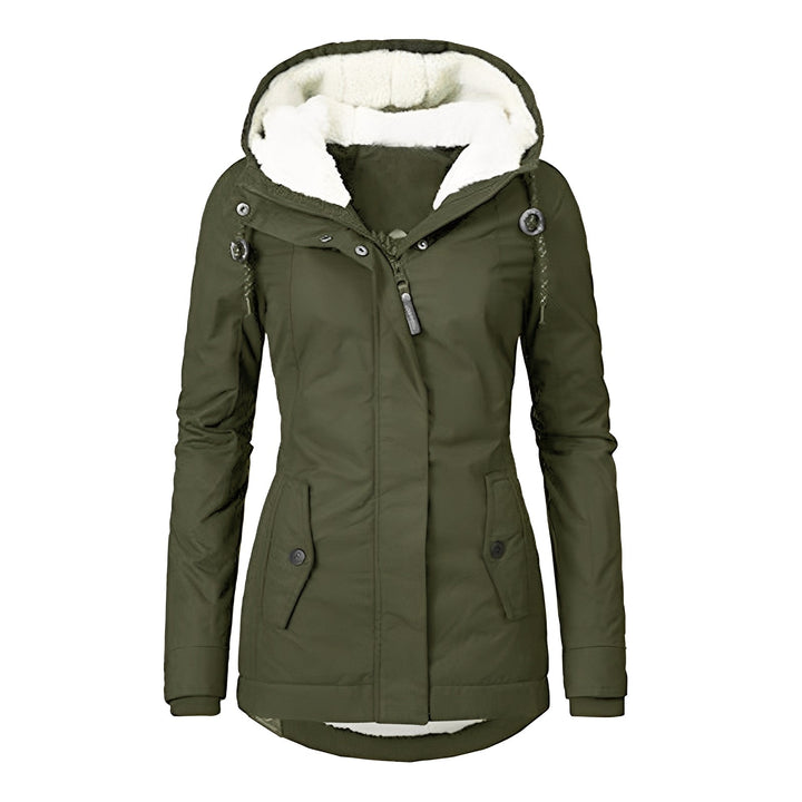 Jaqueta feminina de inverno super quente e impermeável, com capuz ajustável, oferece conforto e estilo no frio.