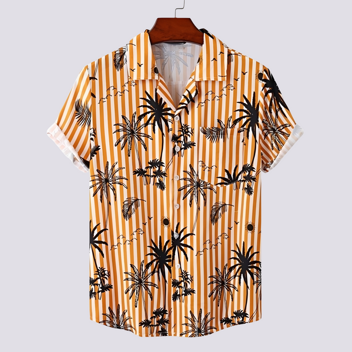 Elegante camisa masculina estampada estilo havaiano. Roupa de verão casual com design tropical vibrante. Perfeita para férias.