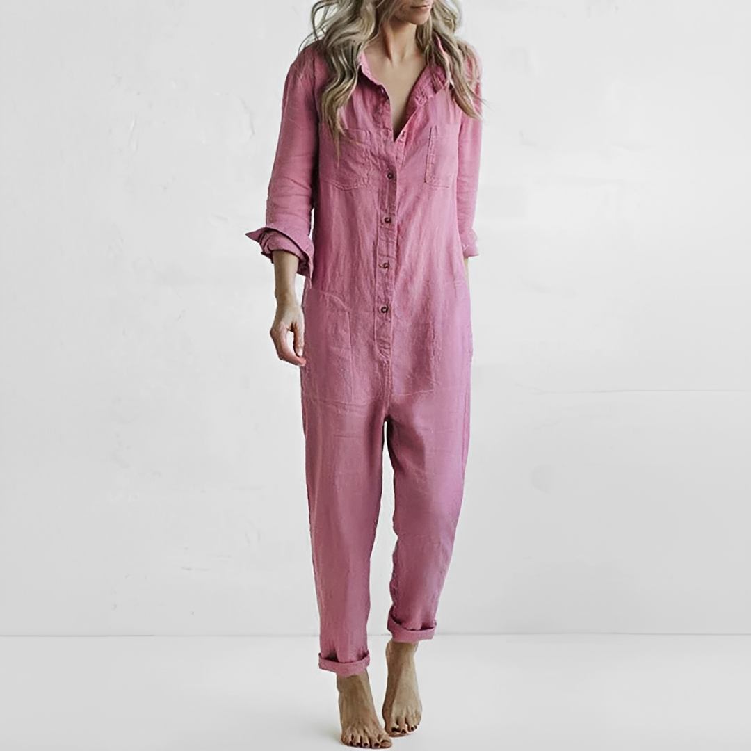 Macacão feminino elegante de verão com manga longa, perfeito para conforto e estilo moderno. Roupa versátil para diversas ocasiões.