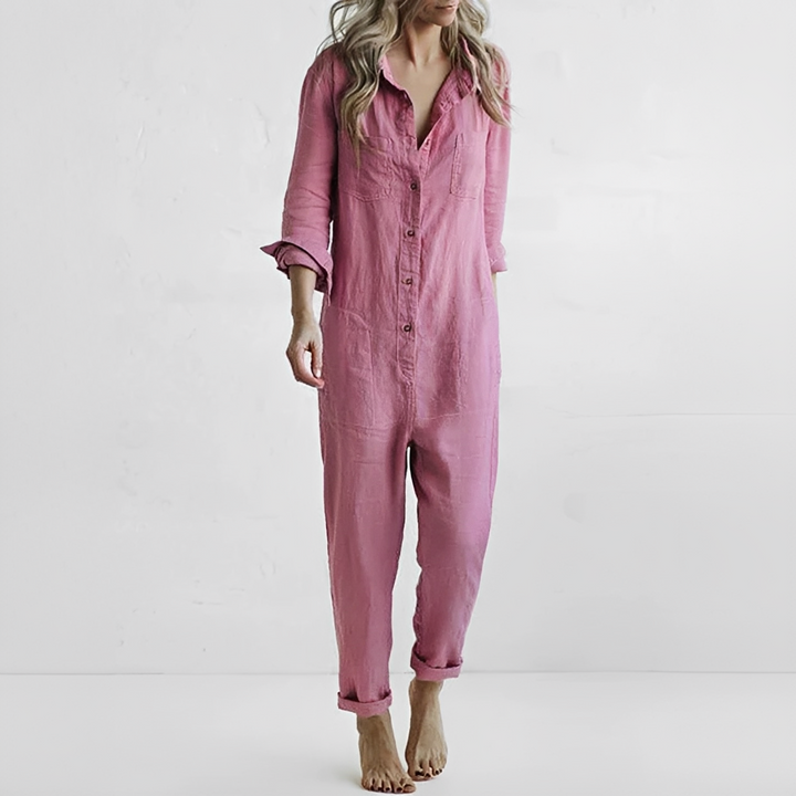 Macacão feminino elegante de verão com manga longa, perfeito para conforto e estilo moderno. Roupa versátil para diversas ocasiões.