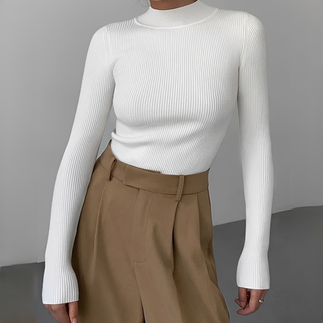 Top feminino de manga longa canelado elegante e confortável, perfeito para outfits versáteis de outono/inverno.