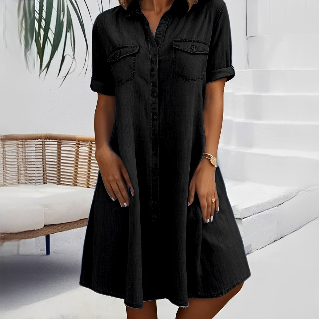 Roupa feminina: Vestido casual de verão com botões, oferece estilo e conforto para o dia a dia.