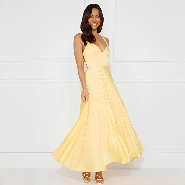 Vestido de festa feminino amarelo longo plissado sem mangas, ideal para um estilo chique de verão. Roupa elegante.