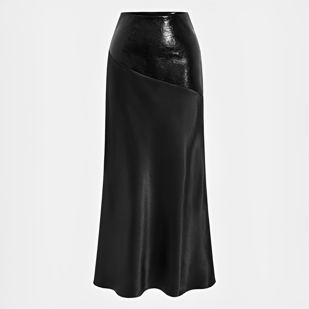 Saia feminina Viviana moderna, com tecido brilhante, corte assimétrico. Perfeita para um look de tendência casual.