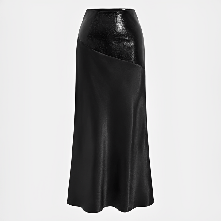 Saia feminina Viviana moderna, com tecido brilhante, corte assimétrico. Perfeita para um look de tendência casual.