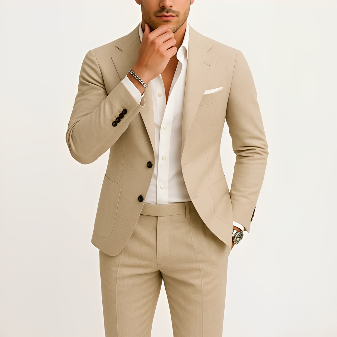 Terno casual masculino bege, conjunto versátil para conforto e estilo elegante no dia a dia ou smart casual. Moda masculina.