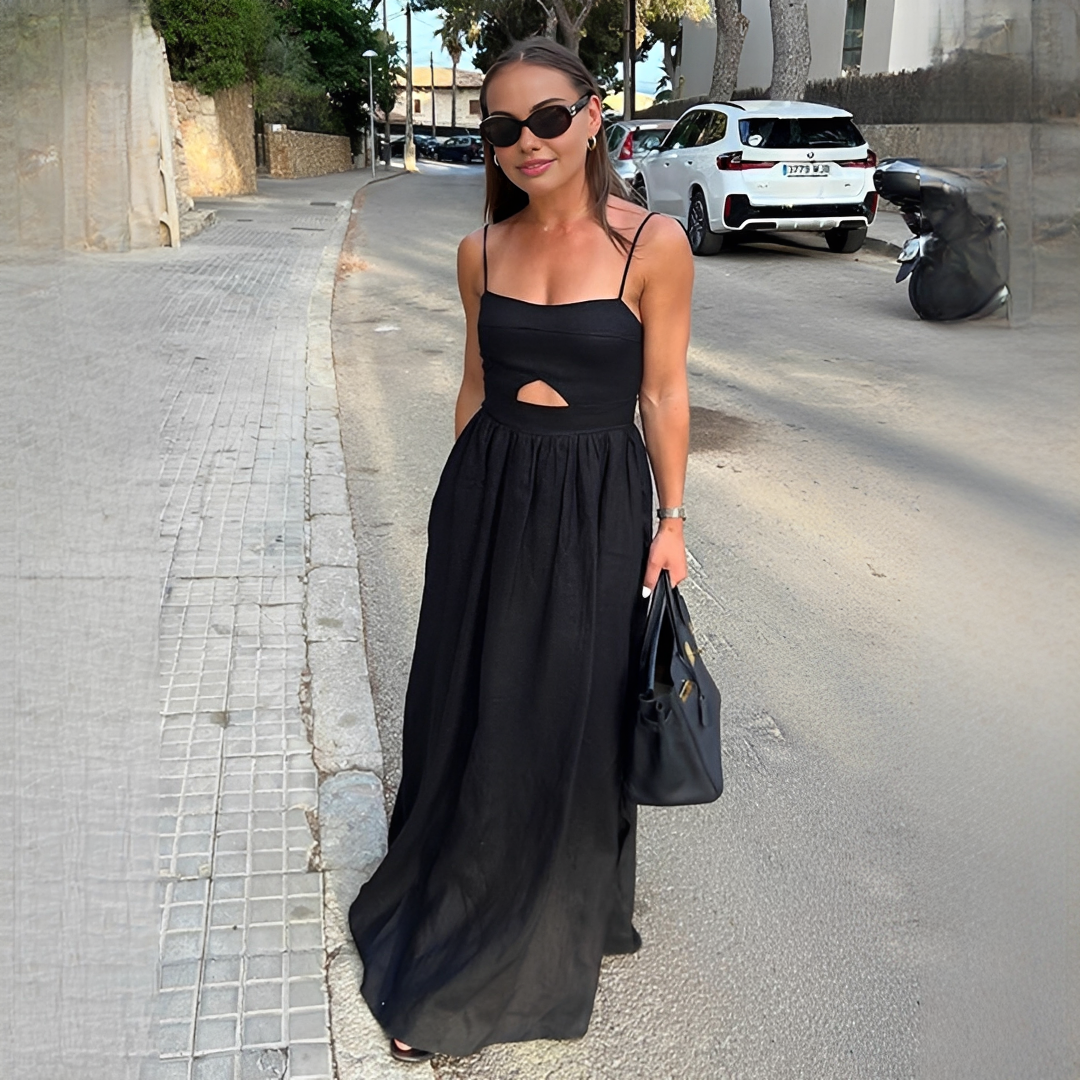 Vestido de verão feminino chique, longo e sem mangas, para dias casuais ou eventos elegantes na praia.