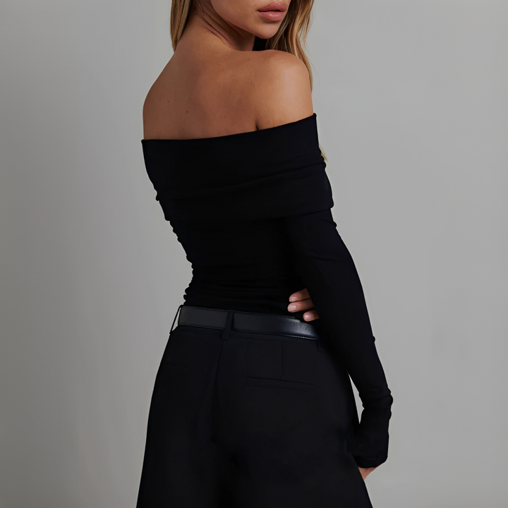 Blusa feminina ombro a ombro, top elegante de manga comprida para moda verão. Conforto e estilo moderno.