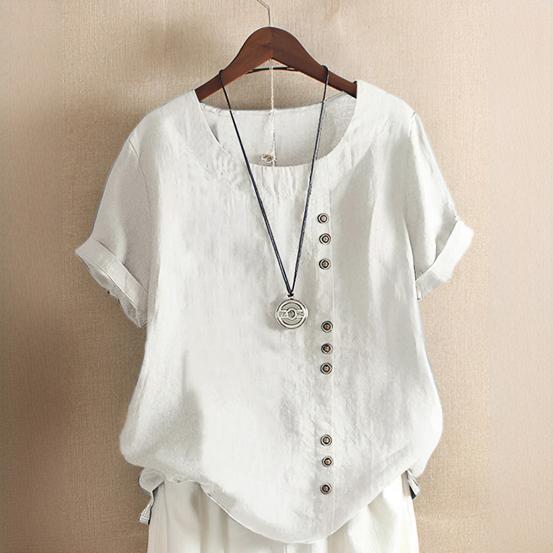Blusa feminina estilosa Yasmin, manga curta, decote redondo, ideal para o verão e dia a dia casual.