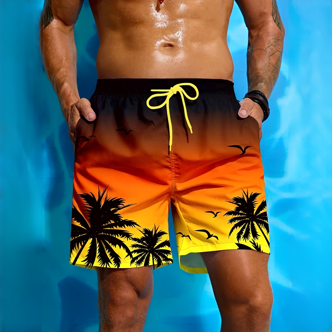 Short de banho masculino estampado e confortável, para usar na praia, piscina ou casualmente no verão.