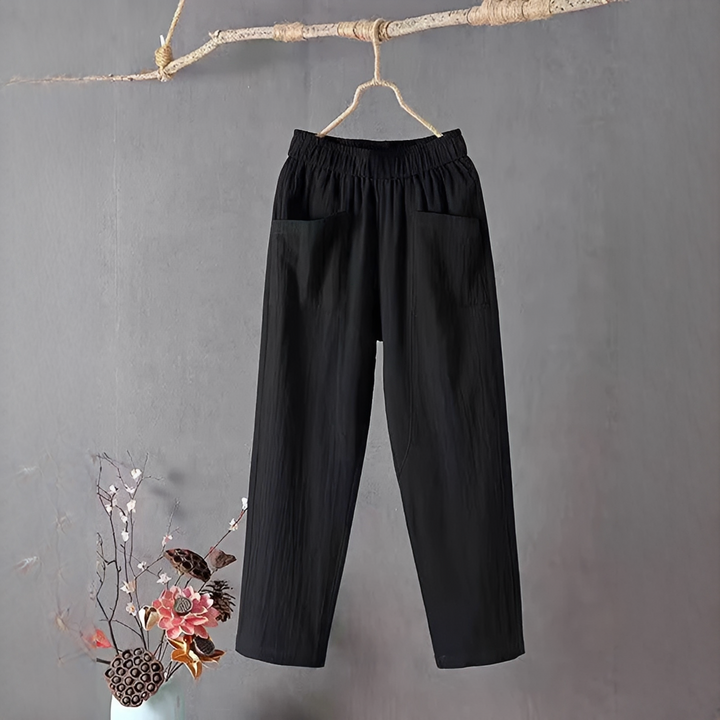Calça feminina de verão para conforto e estilo. Roupa casual elegante, perfeita para moda descontraída.