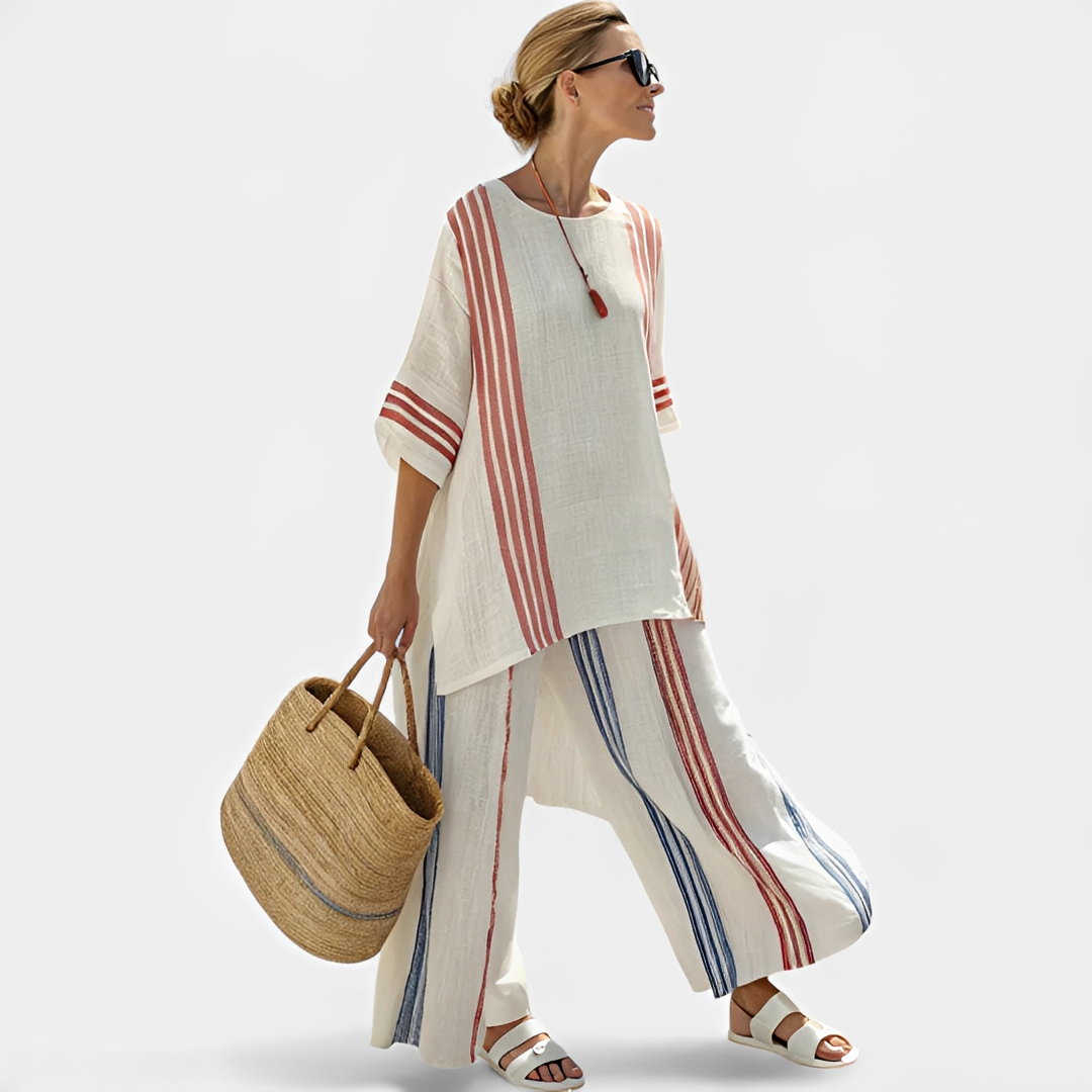 Look completo feminino Mirthe. Conjunto elegante de duas peças que oferece estilo e conforto para o dia a dia e férias.