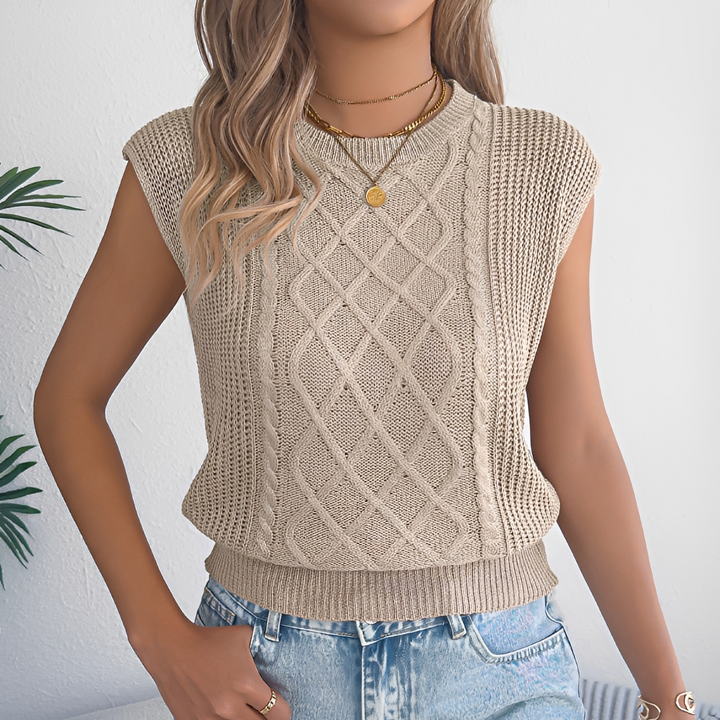 Top feminino versátil sem mangas, estilo casual-elegante. Ideal para moda feminina de verão e sobreposição.