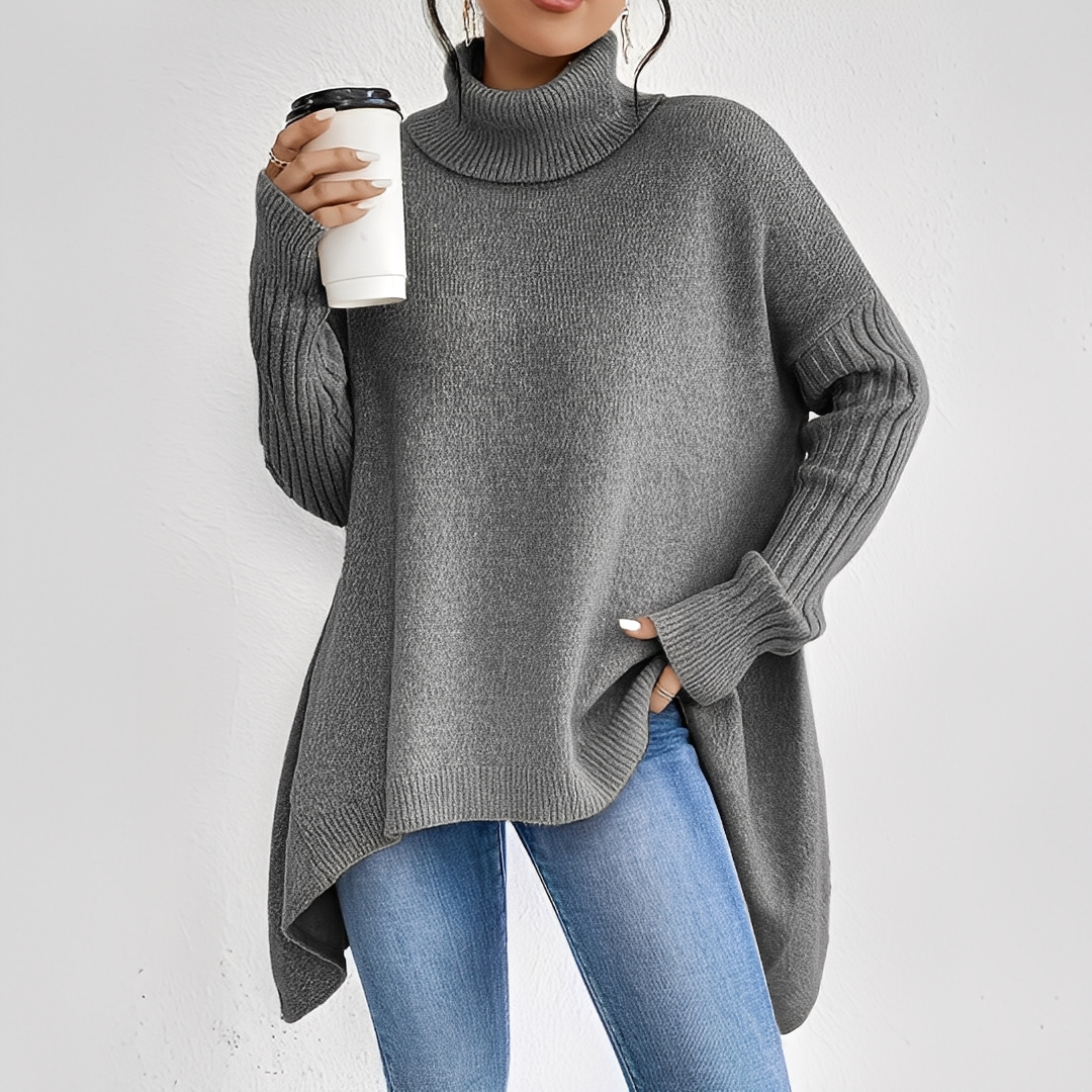 Modelo de suéter feminino com gola alta, malha macia para aquecimento. Elegância e conforto no frio.