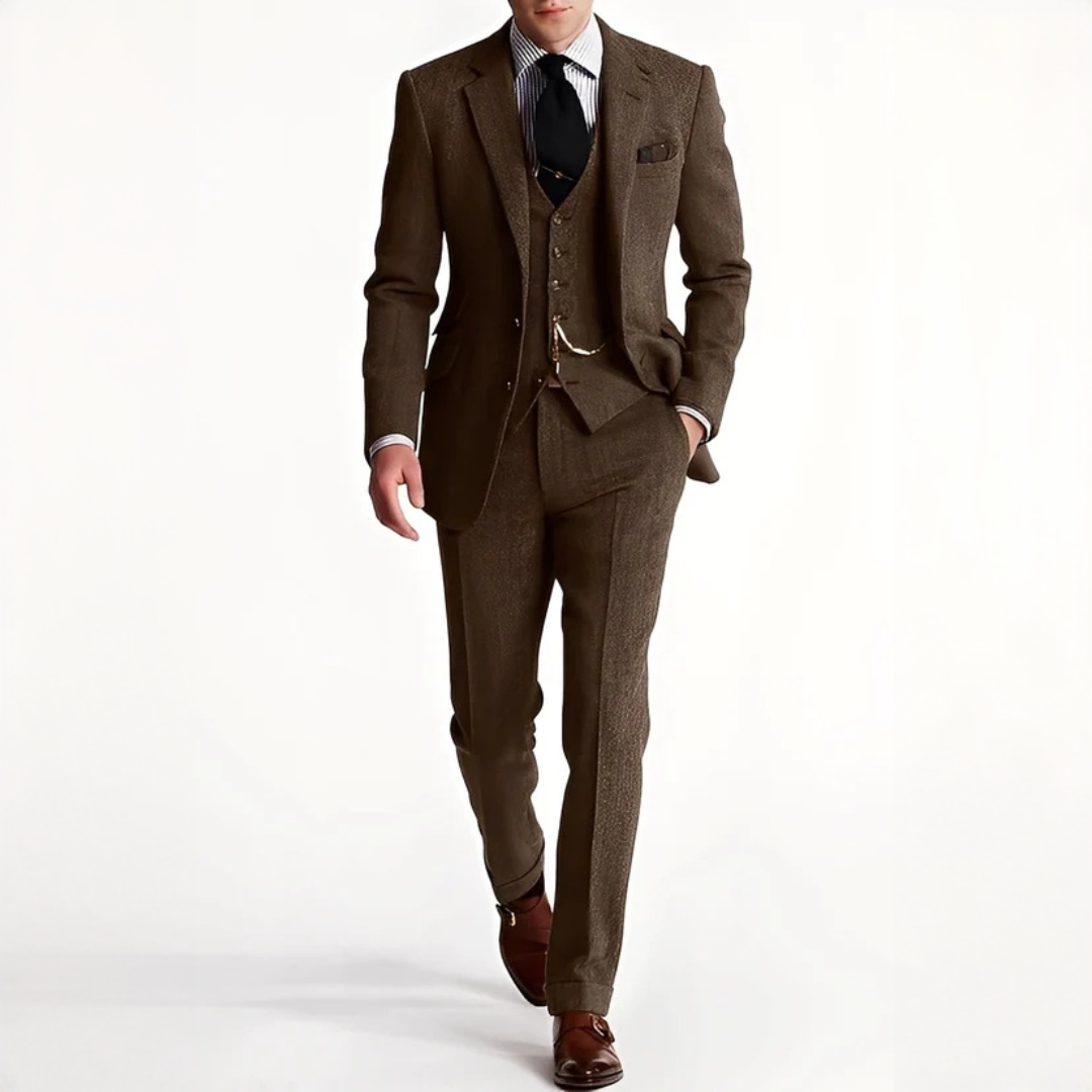 Terno masculino clássico de três peças elegante, ótimo para festas e reuniões formais. Roupa social.