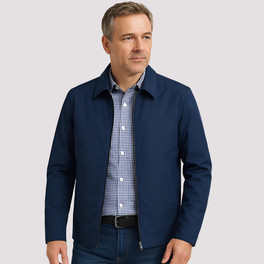 Jaqueta masculina casual preta ou azul, versátil para outono e primavera. Estilo moderno, perfeita para camadas do dia a dia.