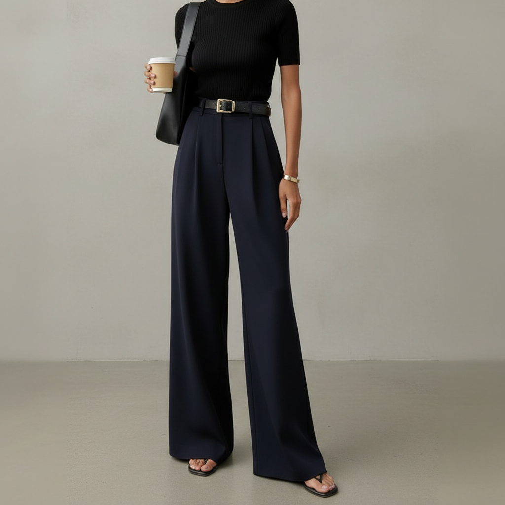 Calça feminina confortável de perna larga, versátil para uso diário, trabalho ou eventos casuais.