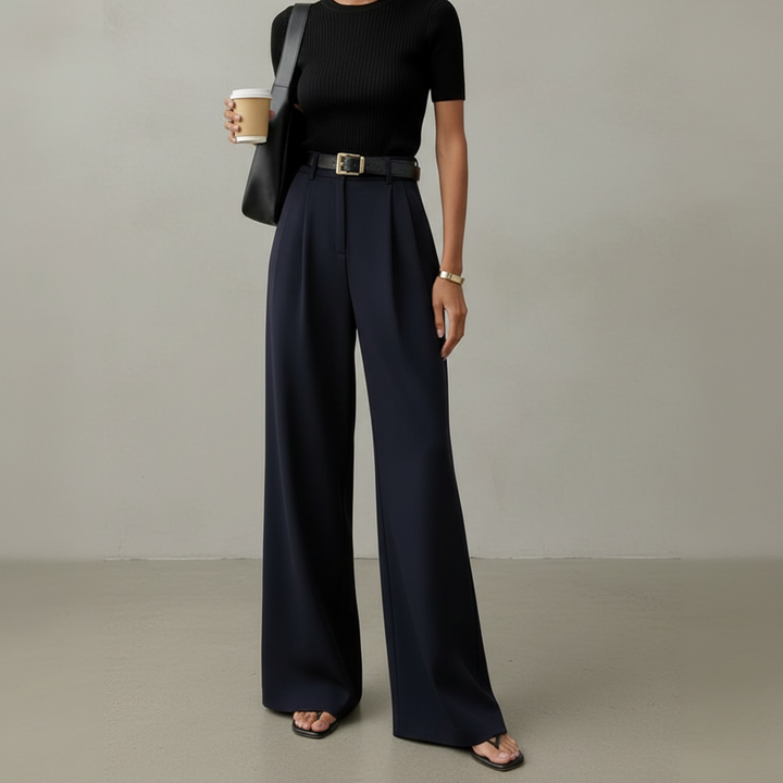 Calça feminina confortável de perna larga, versátil para uso diário, trabalho ou eventos casuais.
